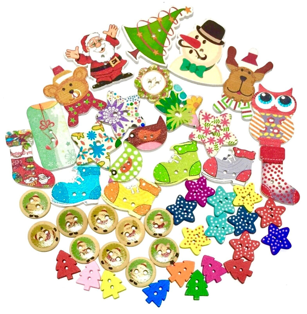 50x Mix Design Christmas Holiday Theme 2 Hole Wooden Buttons