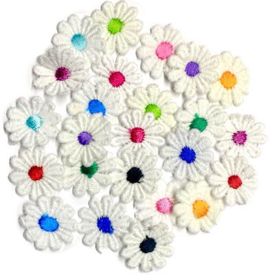 24x White Daisy Flower Coloured Center Embroidered 25mm Giupure Sew on Applique