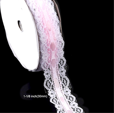 4x Yards 30mm White Scallop Lace with Pink Satin Ribbon Trim