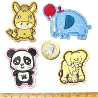 1x Set Panda, Elephants & Donkey Embroidered Iron On Patches Applique