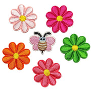 1x Set of 5x Flower & 1x Pink Bee Machine Embroidered Iron On Patches Applique