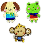 3 pcs Cute Animal Machine Embroidered Dog, Frog & Monkey Iron On Patch Applique