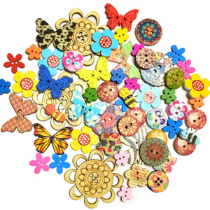 50 pcs Flowers & Butterflies Theme Wood Buttons for Sewing &Craft Embellishment