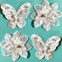2x Pairs Silky White Large Butterfly & Flower w/ Pearl Embroiderd Applique Patch