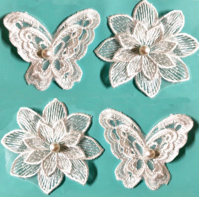 2x Pairs Silky White Large Butterfly & Flower w/ Pearl Embroiderd Applique Patch