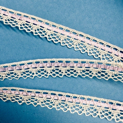 4x Meters 18mm Crochet Like Polyester Lace Trim with Lilac Ribbon