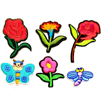 Set of 4x Flower 1x Butterfly 1x Dragonfly Embroidered Iron On Patches Applique