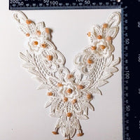1x Ivory Lace Blouse Collar Applique Trim with Peach Orange Beads 22cmx20cm