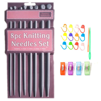 4x Pair Size Lightweight Plastic Knitting Needles & Accessories Set for Beginner